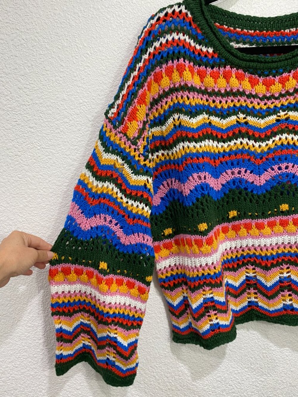 SHEIN Chevron Stripe Crochet Knit Bell Sleeve Sweater Multi-Color Size S - Picture 6 of 7